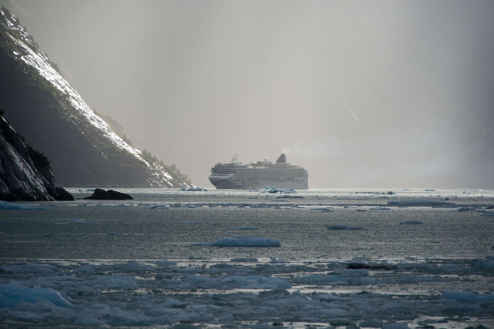 A cruise ship emerging from mist in an icy fjord with floating ice in the foreground